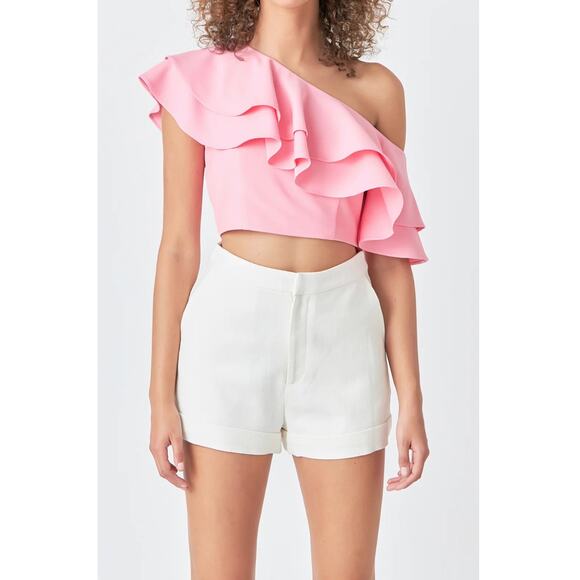 Endless Rose Pink One Shoulder Cropped Ruffle Top Fairy Pink Aesthetic Top NWT S - Picture 1 of 7